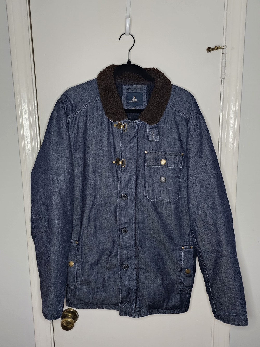 Roark Men's Denim Jean Jacket with Brown Sherpa Collar - Blue
